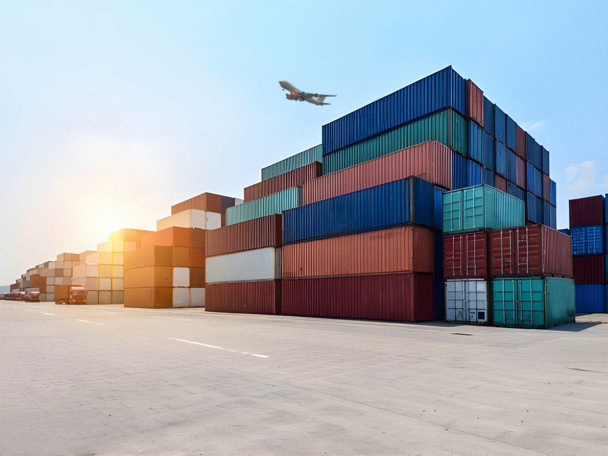 Cargo aircraft climbing out behind a container yard